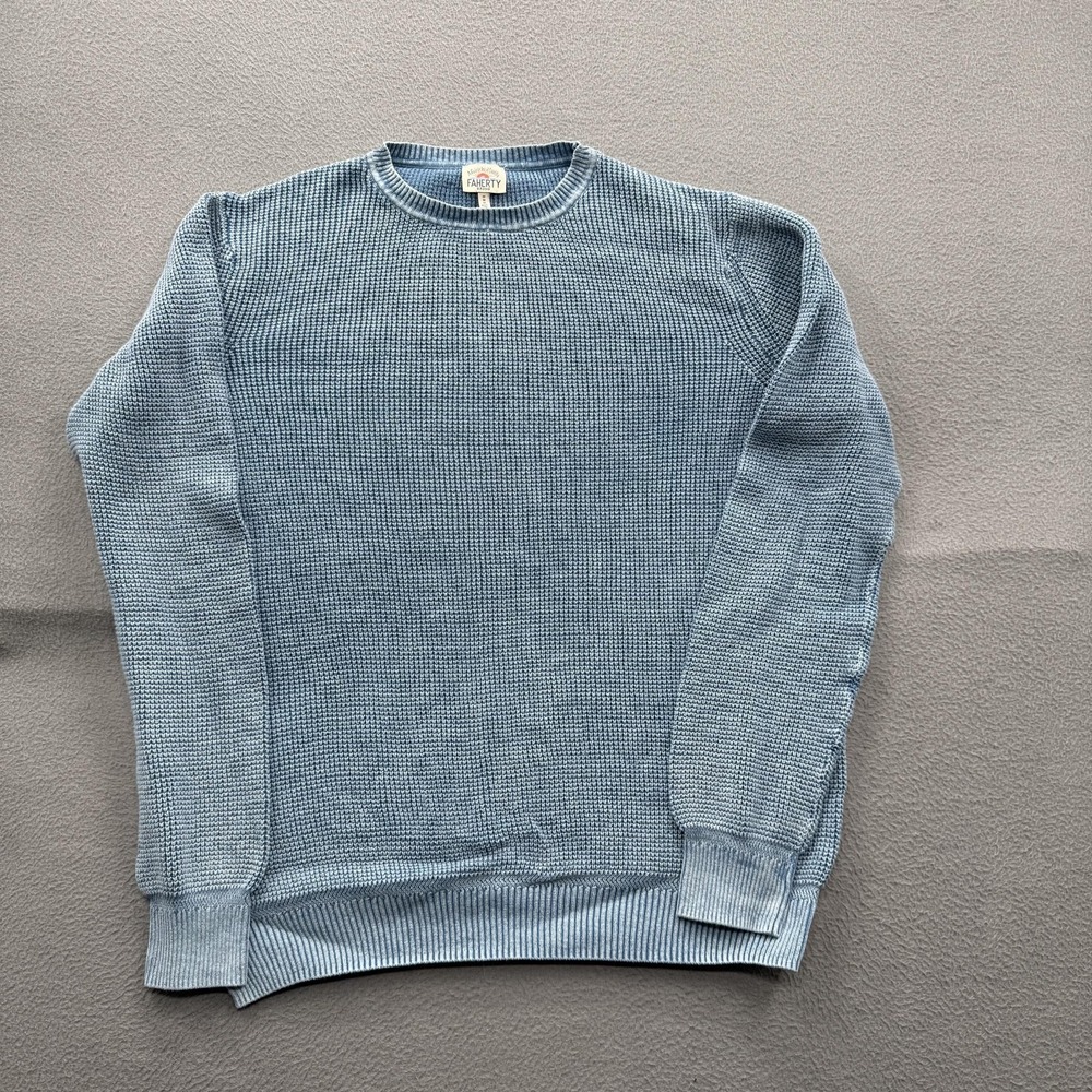 Faherty Sweater Mens Medium Blue Waffle Knit Organic Cotton Crewneck Pullover